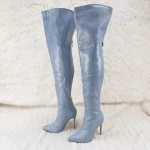 Mack J Denim Laser Hologram Fabric High Heel Split Top Thigh Boots